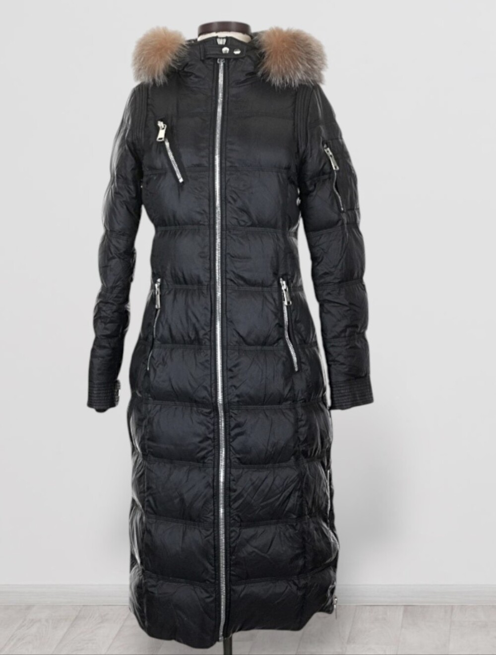 Andrew Marc Fox Fur Trim Long Down Puffer Coat Maxi Longline Full Length